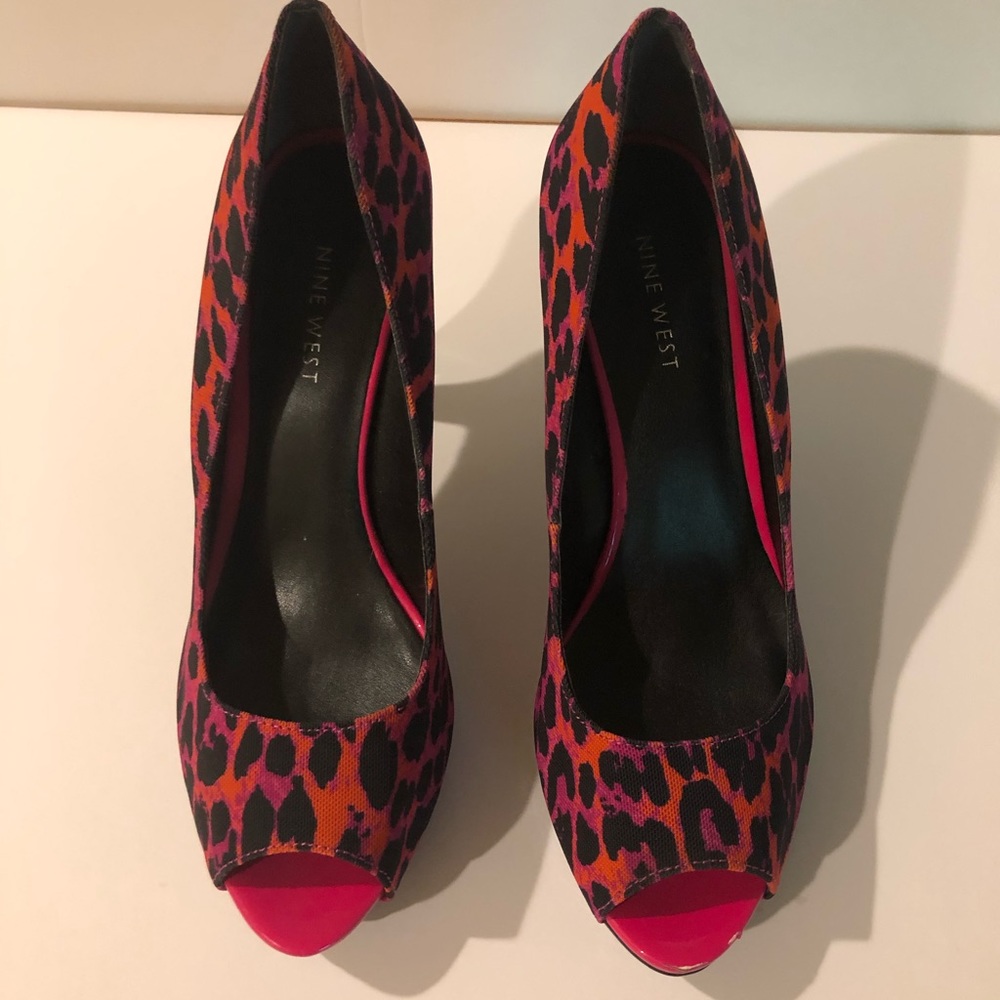 Nine West multi-color leopard print peep toe heels